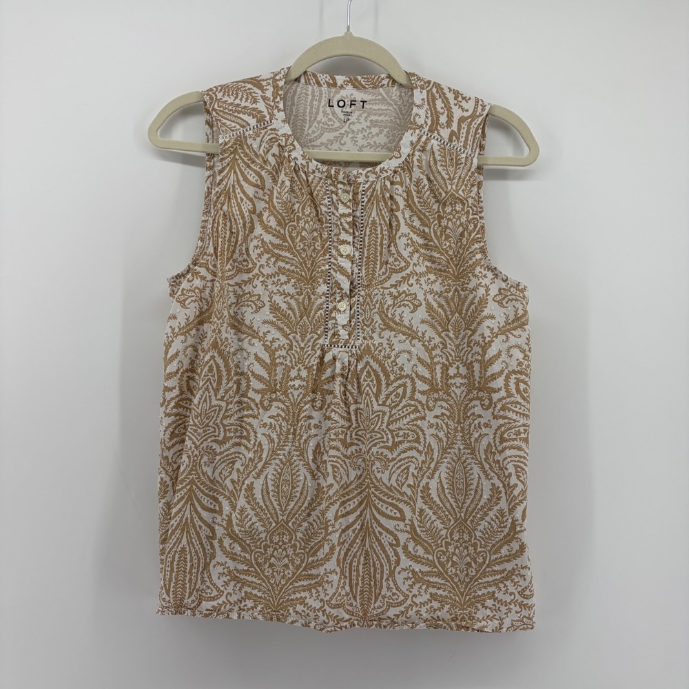 LOFT Womens LP Tan Paisley Sleeveless Blouse Split Neck Button Clip‎ Dot Top